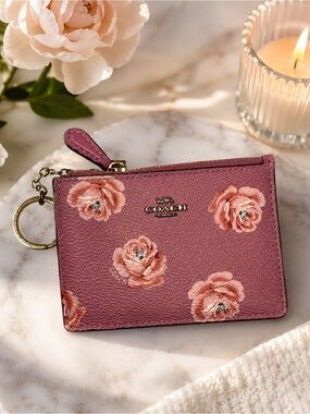 COACH Pink Floral Rose Mini Skinny ID Card Case with Keychain Wallet